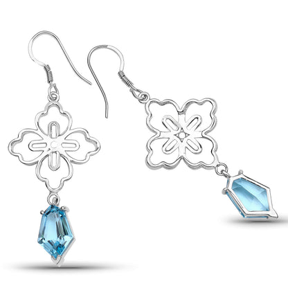 Swiss Blue Topaz Dangle Earrings 12.8 Carats Rhodium Plated Silver