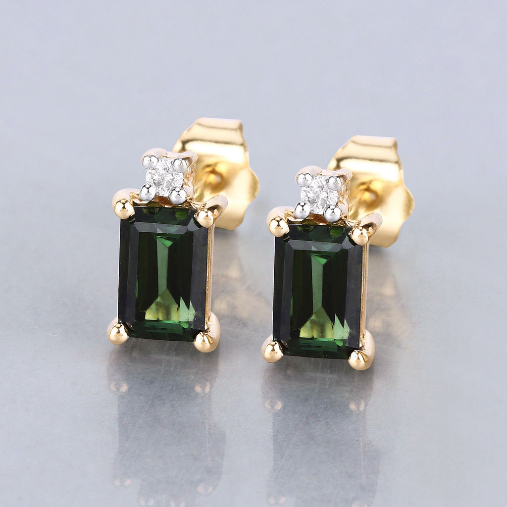 Green Tourmaline Stud Earrings With Diamonds 1.2 Carats 14K Yellow Gold