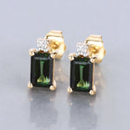 Green Tourmaline Stud Earrings With Diamonds 1.2 Carats 14K Yellow Gold