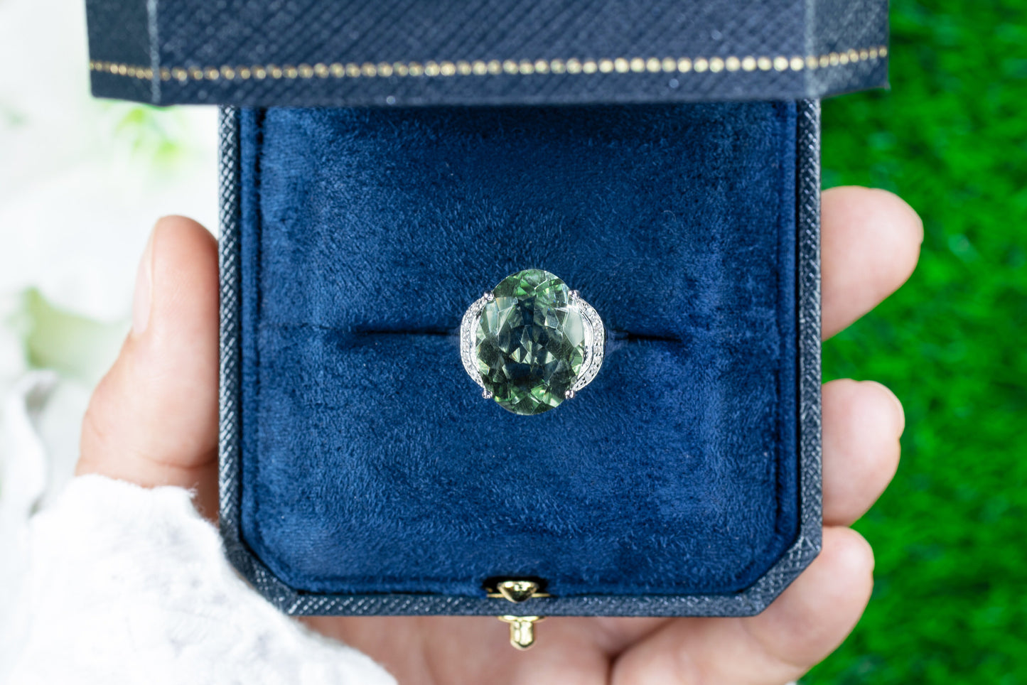 Green Amethyst Ring White Topaz 7.95 Carats Sterling Silver