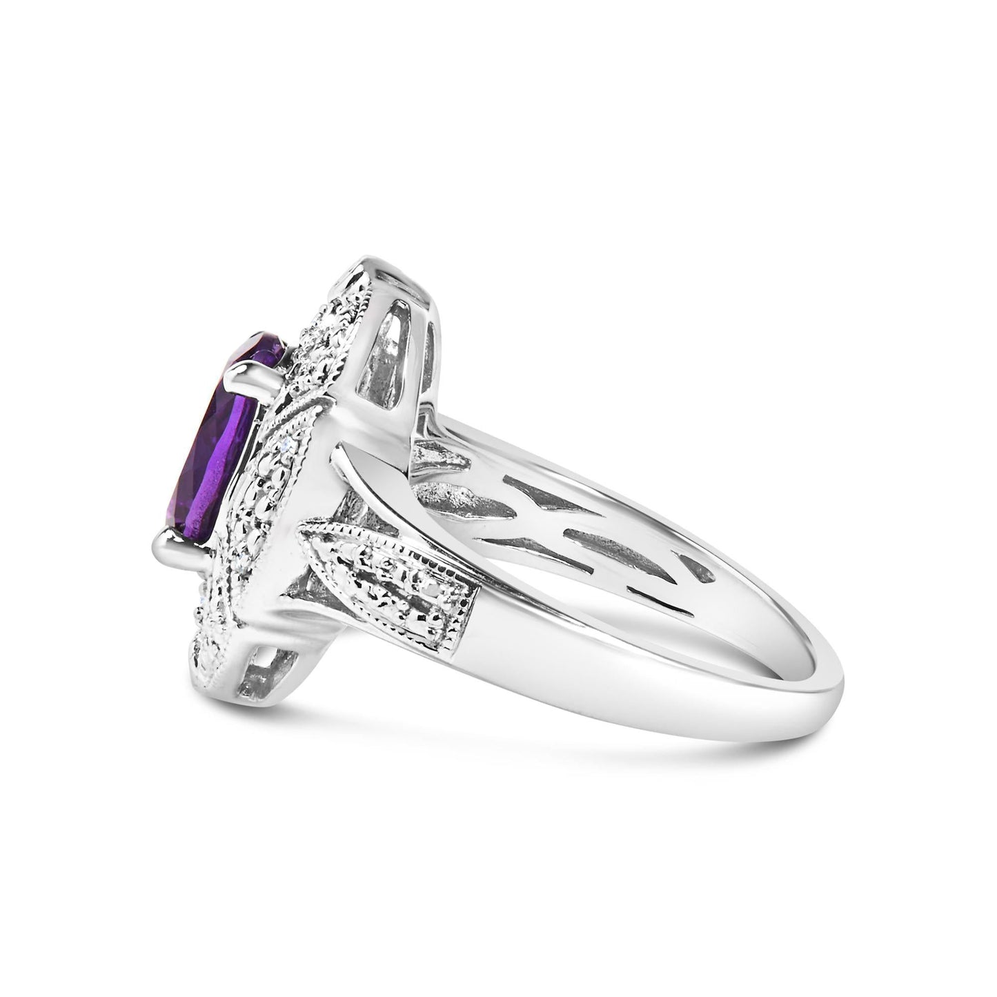 Amethyst Cocktail Ring Diamonds 1.78 Carats Sterling Silver