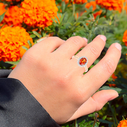 Oval 1.70 Carat Natural Spessartite Garnet & Diamond Halo Ring 14K Yellow Gold