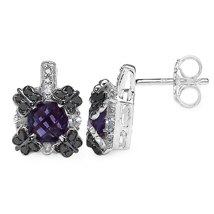 Amethyst Sapphire Black Diamond Stud Earrings 2.6 Carats Silver