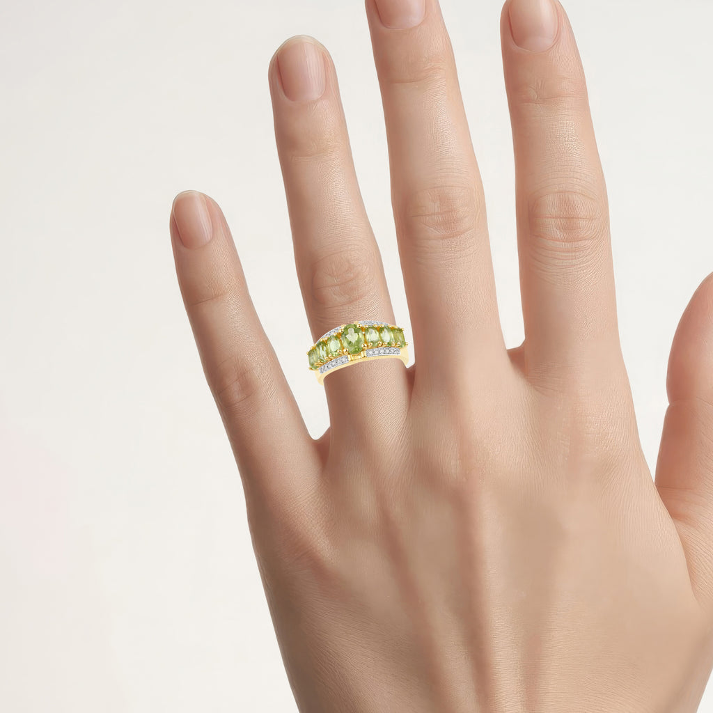 Peridot Ring With Diamonds 2.28 Carats Gold Plated Silver