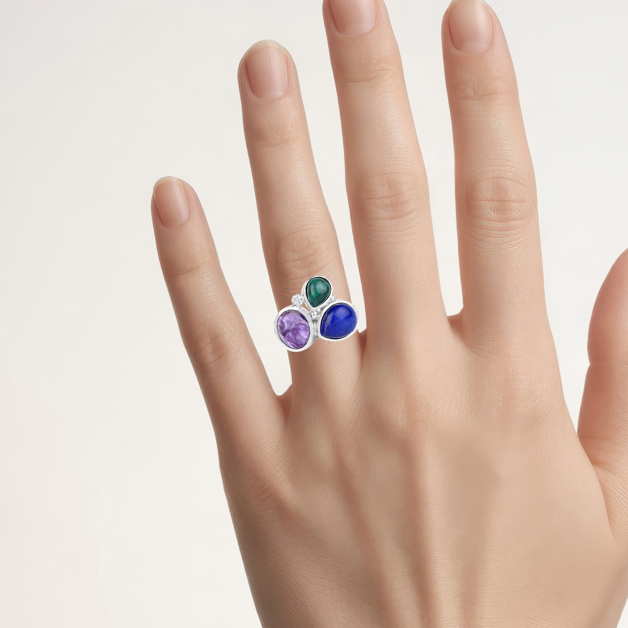 Lapis Ring With Charoite and Malachite 11.2 Carats Sterling Silver