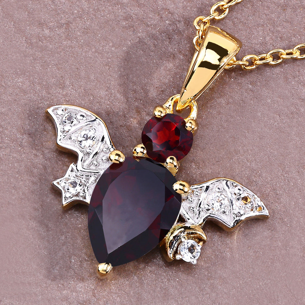 Garnet Bat Pendant With White Topaz 1.55 Carats Gold Plated Silver