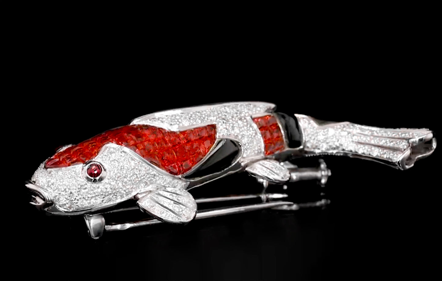 Koi Fish Brooch Sapphires Rubies Diamonds 3.99 Carats 18K White Gold