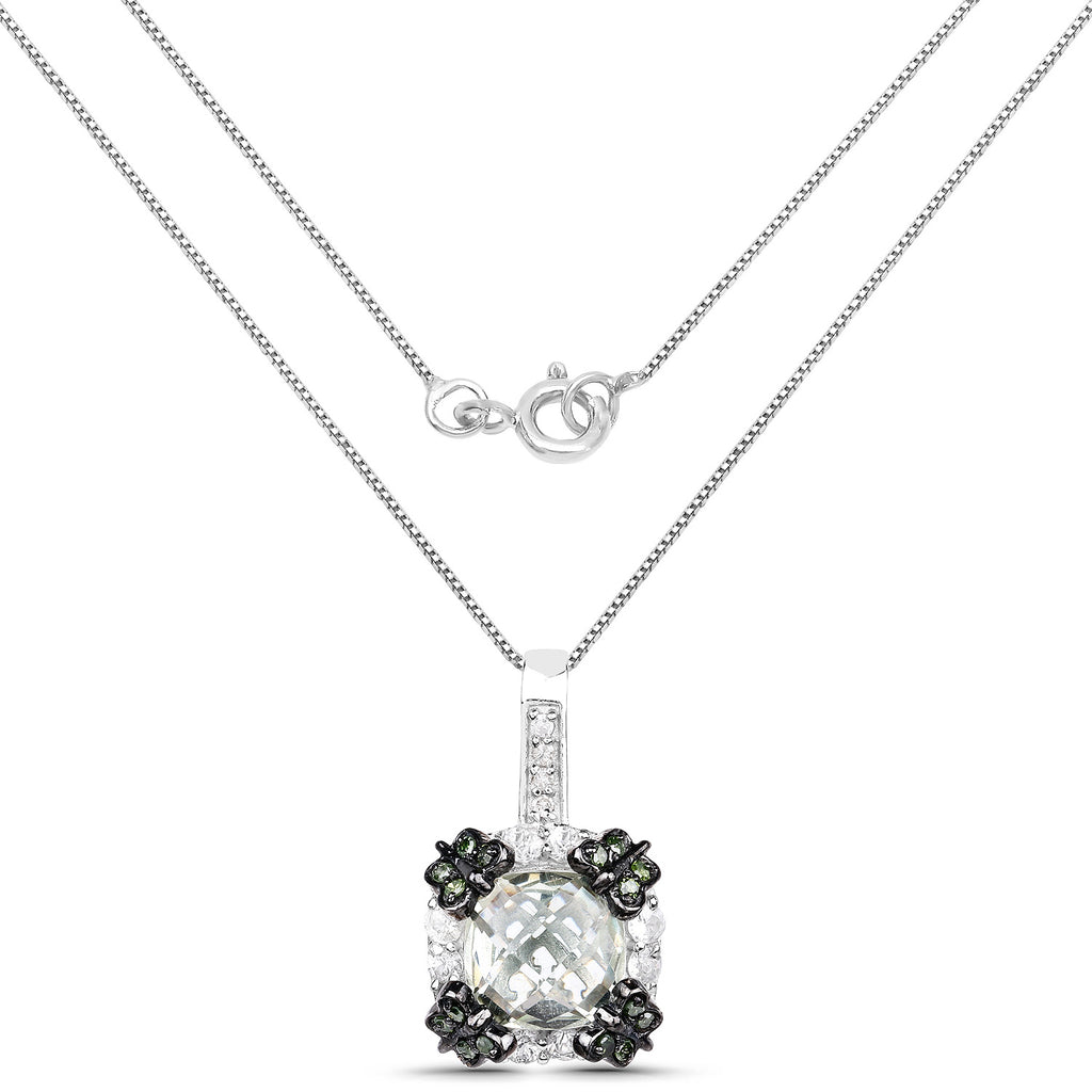 Green Amethyst Flower Pendant With White Sapphire 2.66 Carats Sterling Silver