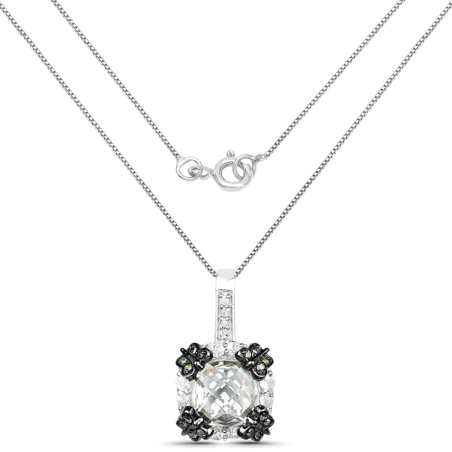 Green Amethyst Flower Pendant With White Sapphire 2.66 Carats Sterling Silver