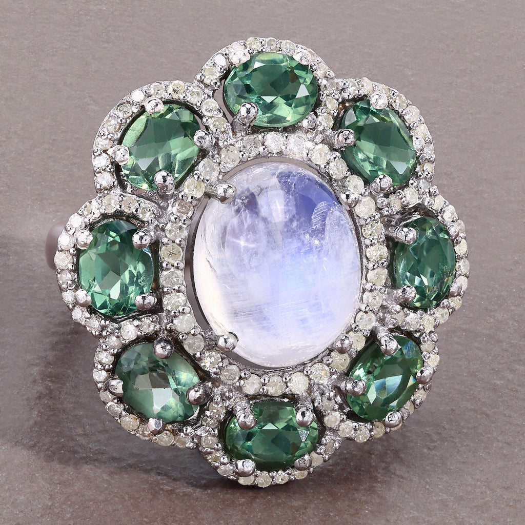 Moonstone Ring With Green Amethyst 8.58 Carats Sterling Silver