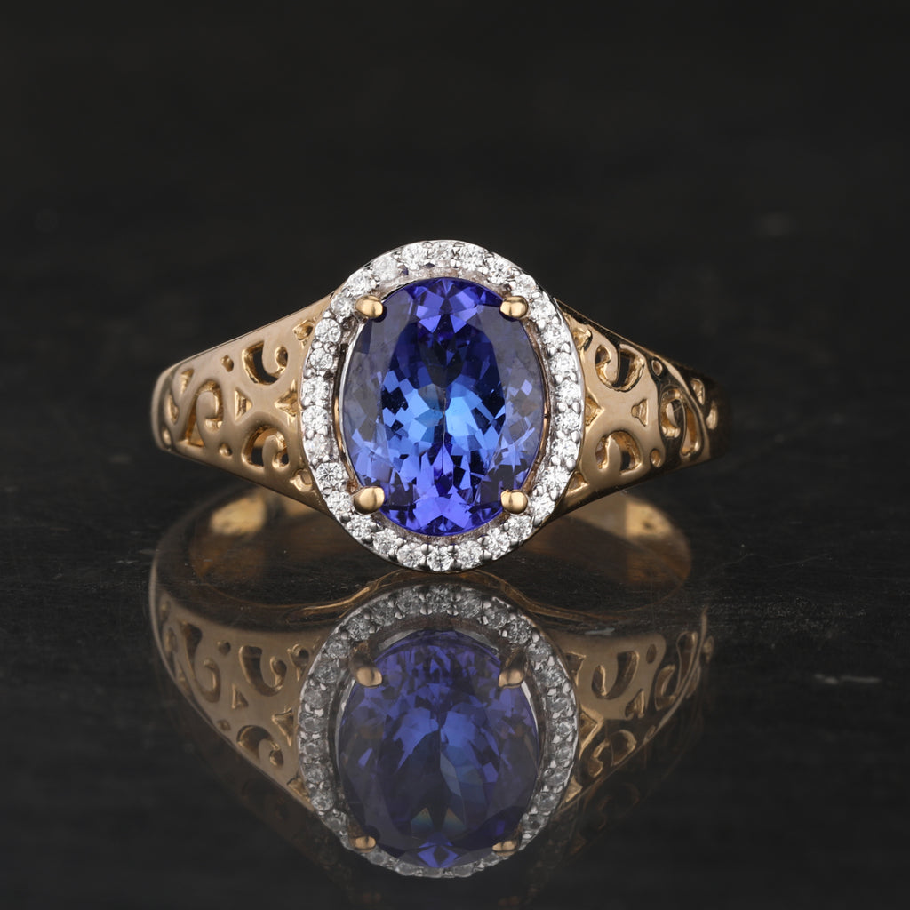 Natural Tanzanite Ring With White Zircon 1.85 Carats 9K Yellow Gold