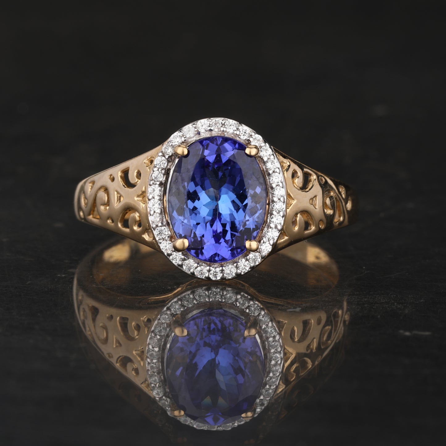 Natural Tanzanite Ring With White Zircon 1.85 Carats 9K Yellow Gold