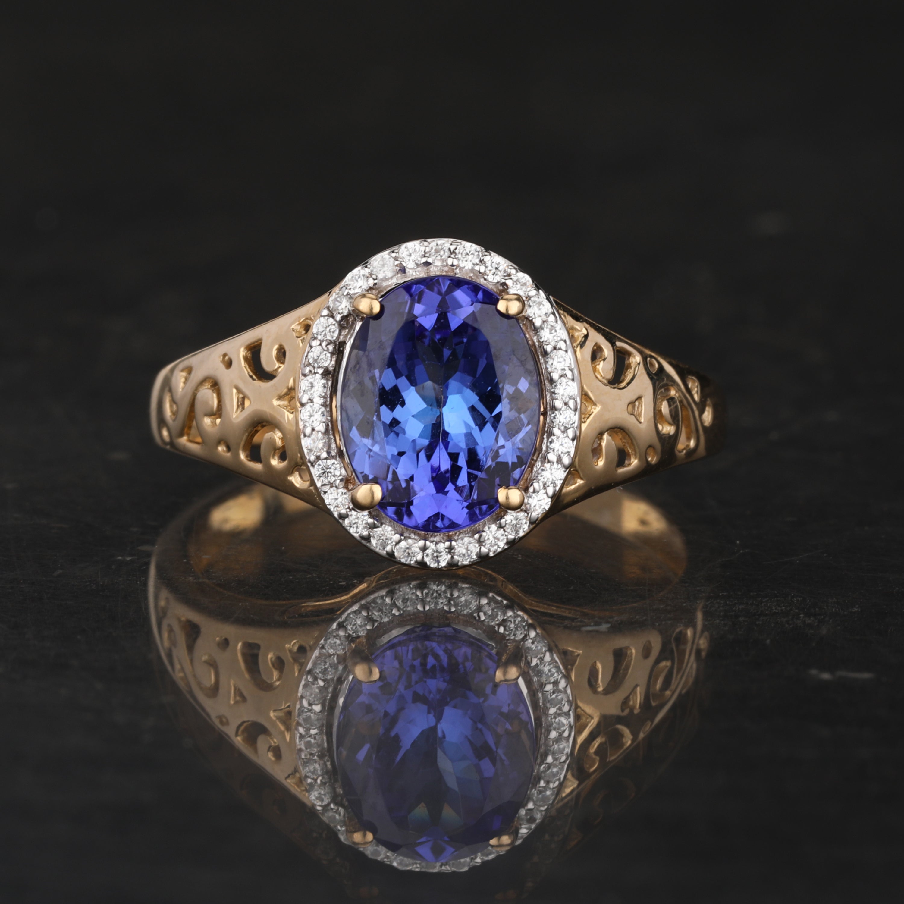 Natural Tanzanite Ring With White Zircon 1.85 Carats 9K Yellow Gold