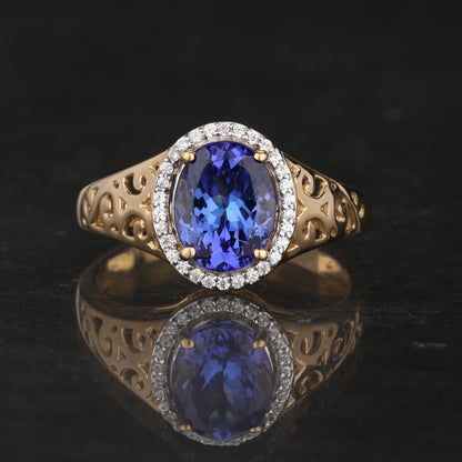 Natural Tanzanite Ring With White Zircon 1.85 Carats 9K Yellow Gold
