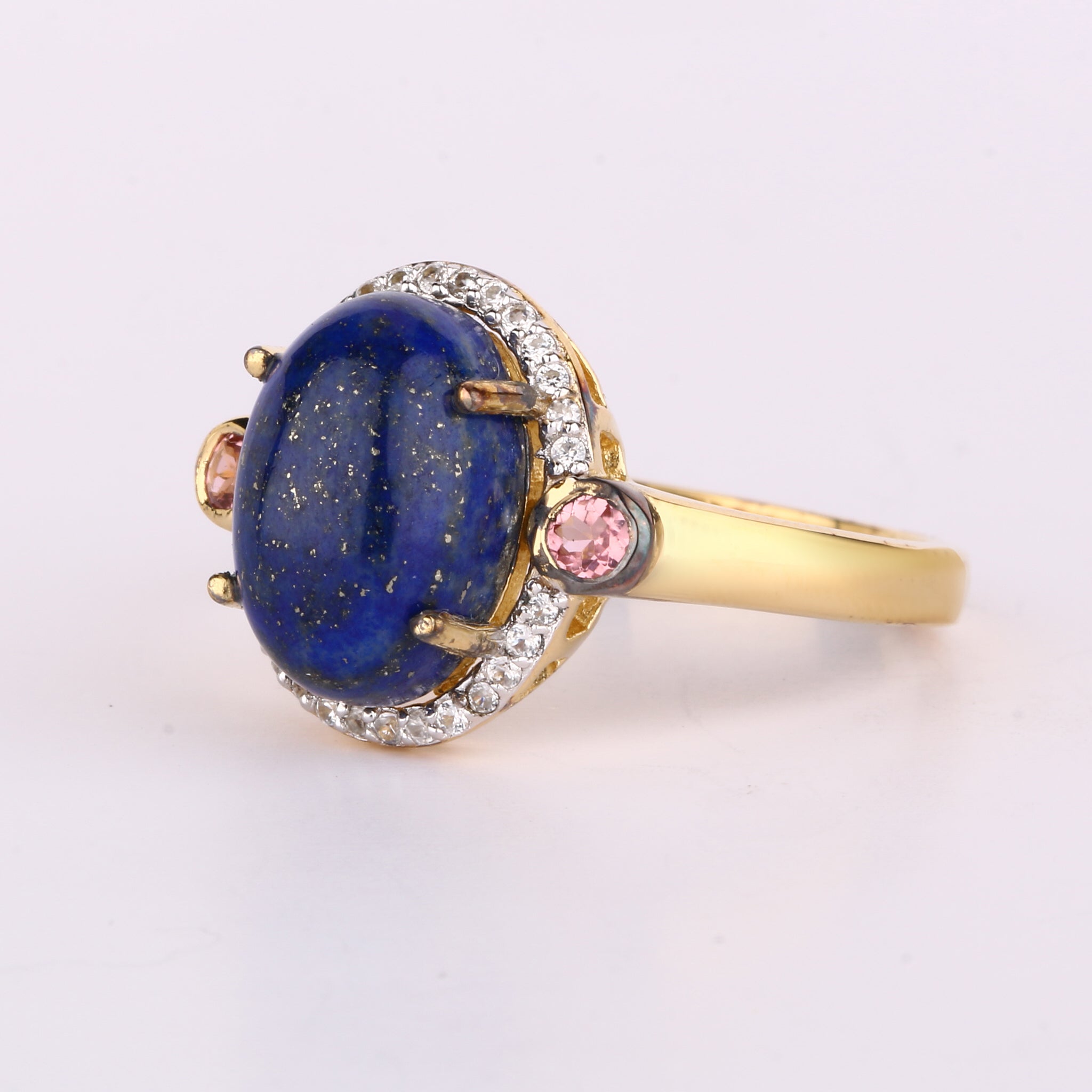 Lapis Ring With Pink Tourmaline 4.29 Carats Gold Plated Silver