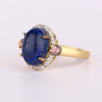 Lapis Ring With Pink Tourmaline 4.29 Carats Gold Plated Silver