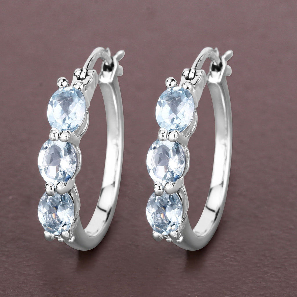 Aquamarine Hoop Earrings With Diamonds 1.73 Carats Sterling Silver