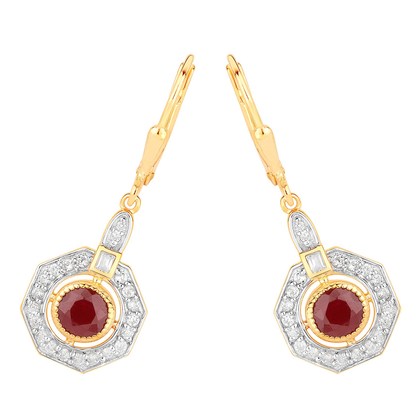 Ruby Dangle Earrings 1.7 Carats 18K Yellow Gold Plated Silver