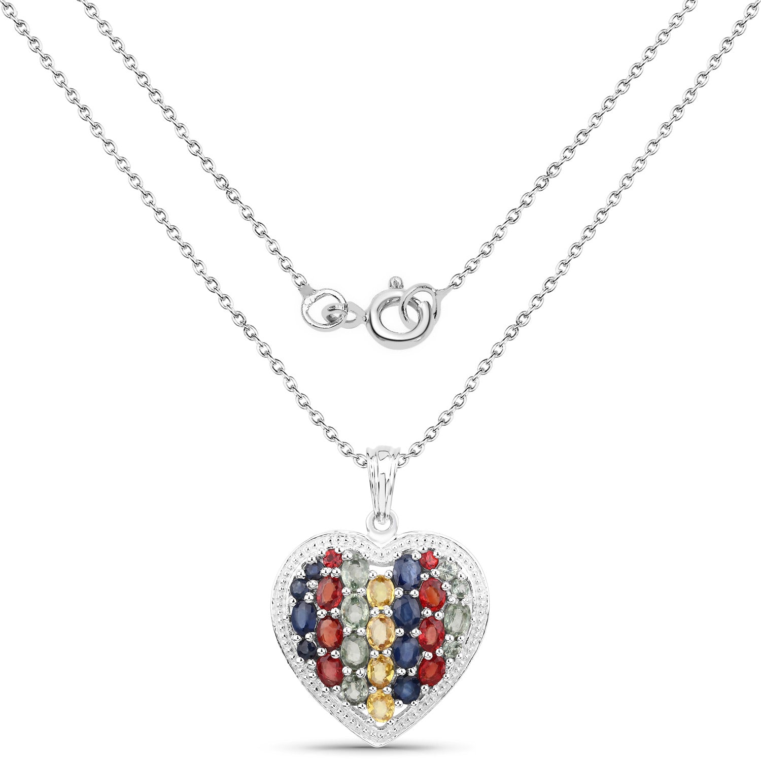 Multicolor Sapphire Heart Pendant 4.28 Carats Sterling Silver
