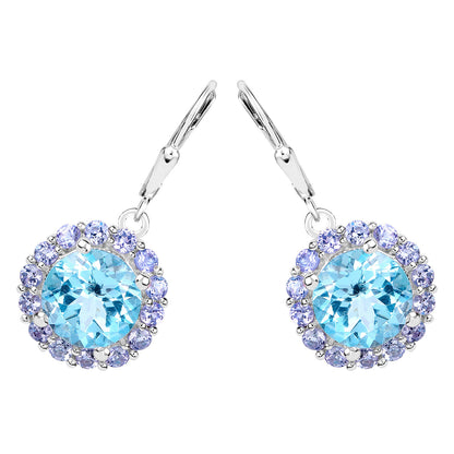 Blue Topaz Earrings With Tanzanite 9.92 Carats Sterling Silver