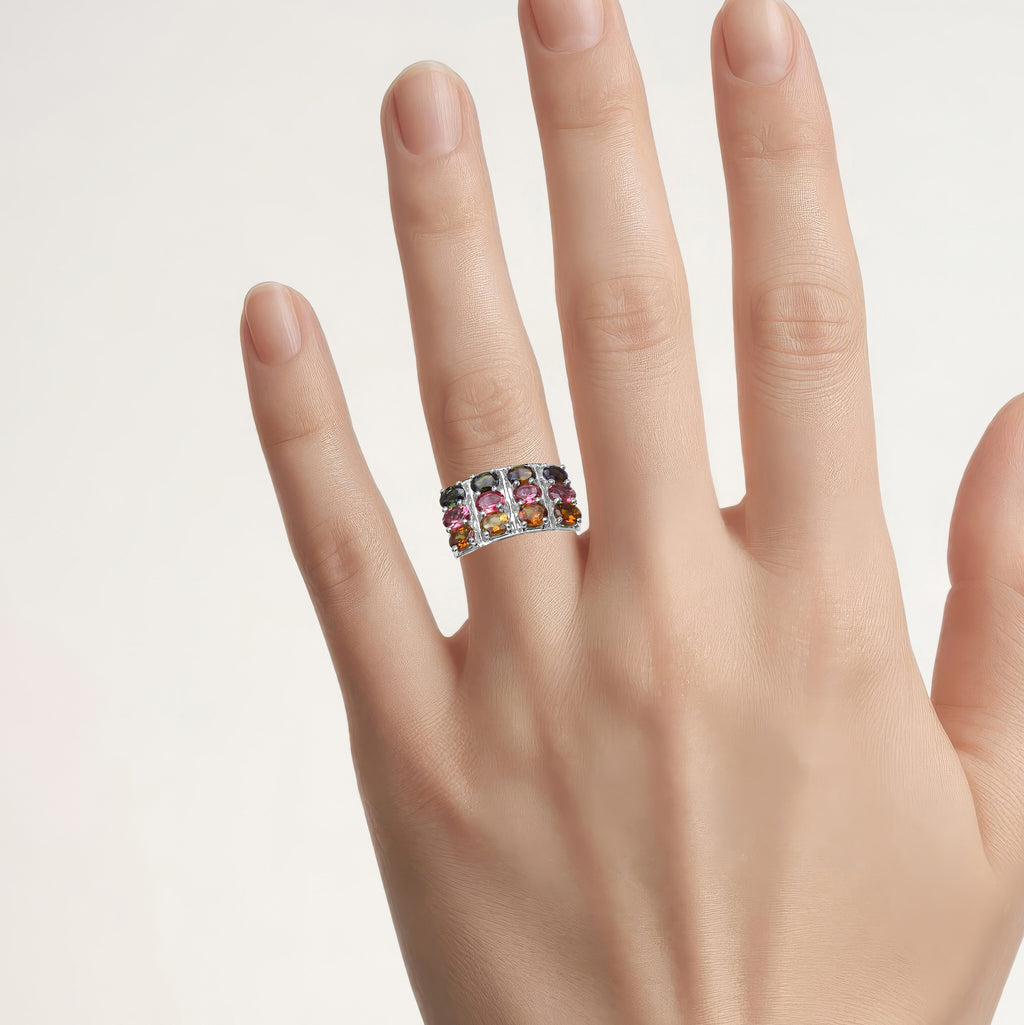 Multicolor Tourmaline Ring 3.66 Carats Sterling Silver