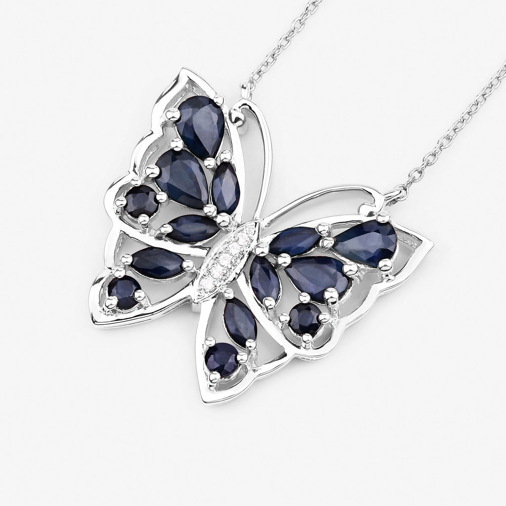 Blue Sapphire Butterfly Necklace With White Zircon 2.86 Carats Sterling Silver