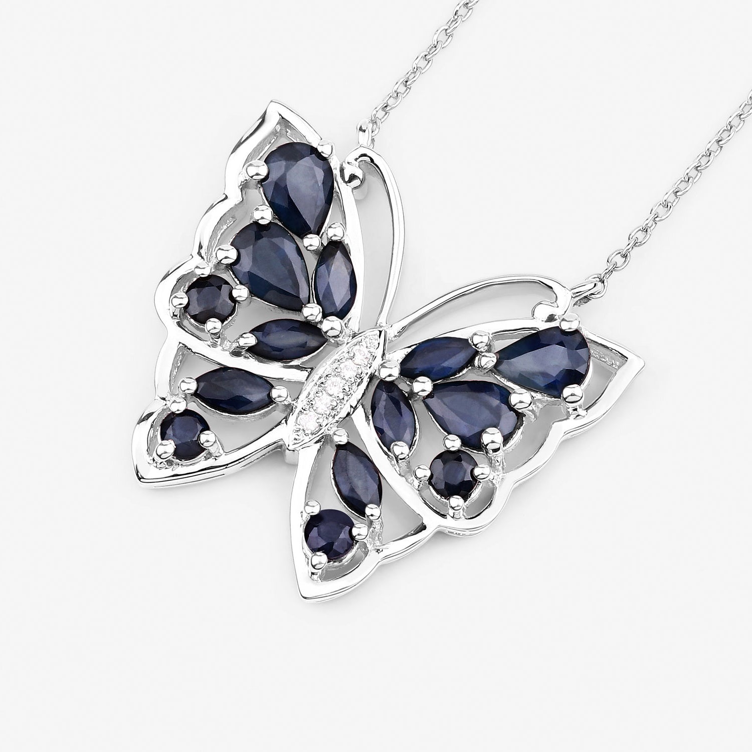Blue Sapphire Butterfly Necklace With White Zircon 2.86 Carats Sterling Silver