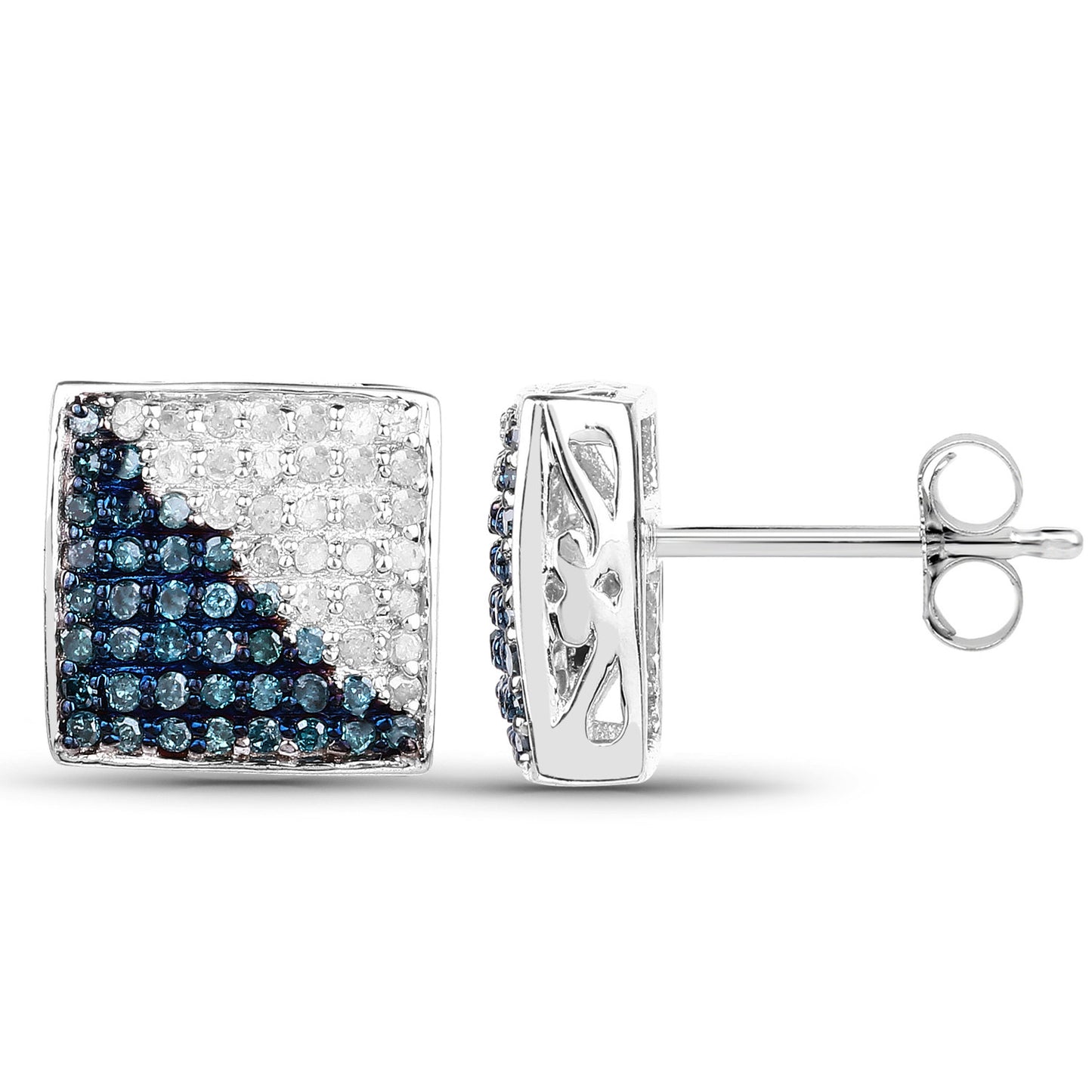 Blue and White Diamond Cluster Earrings 0.64 Carats Sterling Silver