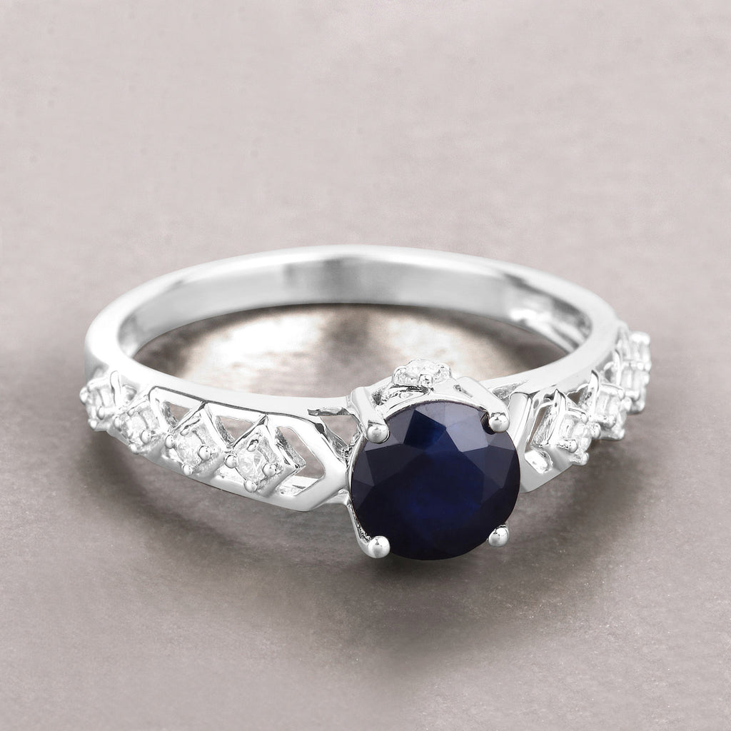 Blue Sapphire Ring With Diamonds 1.1 Carats 10K White Gold