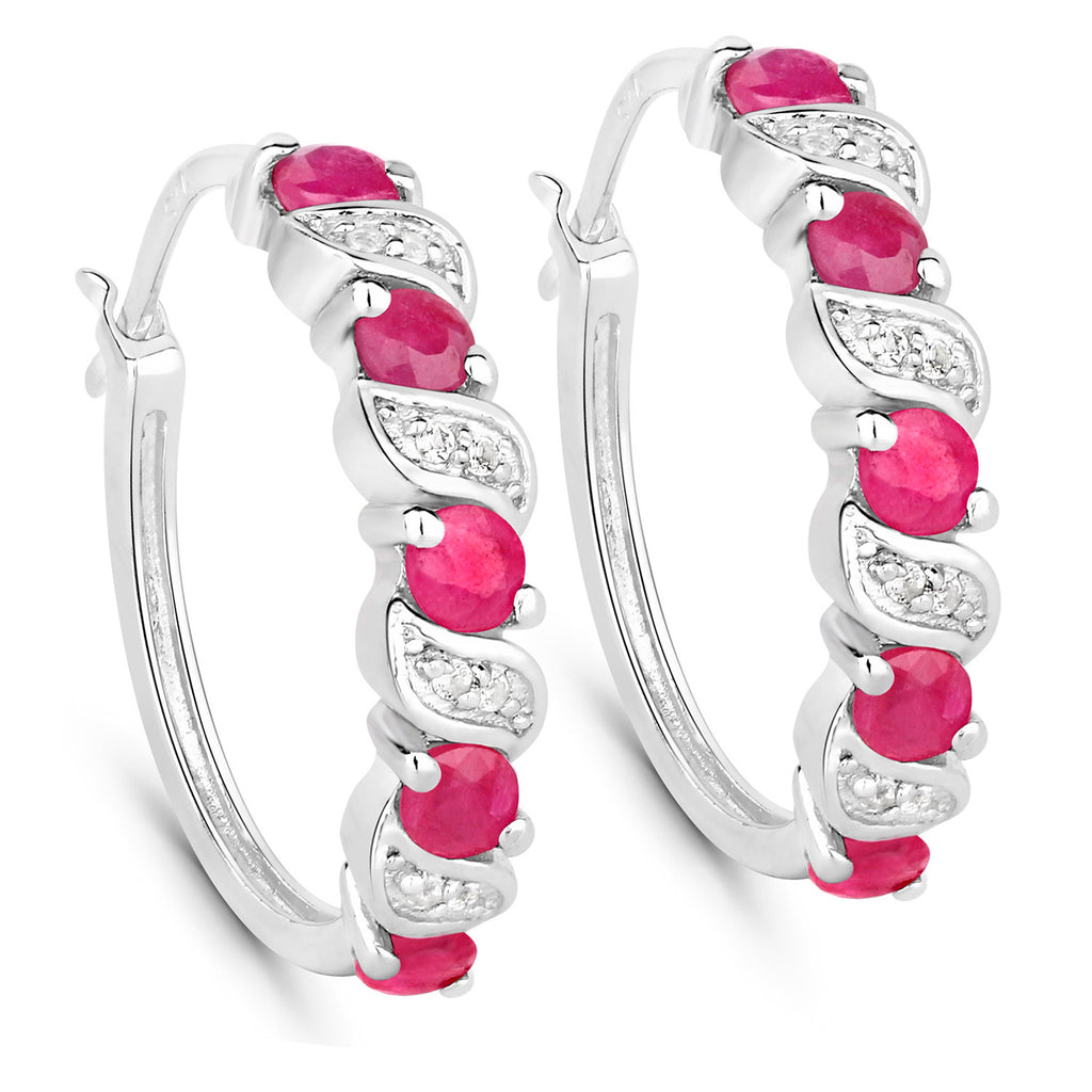 Ruby Hoop Earrings With White Topaz 1.36 Carats Sterling Silver