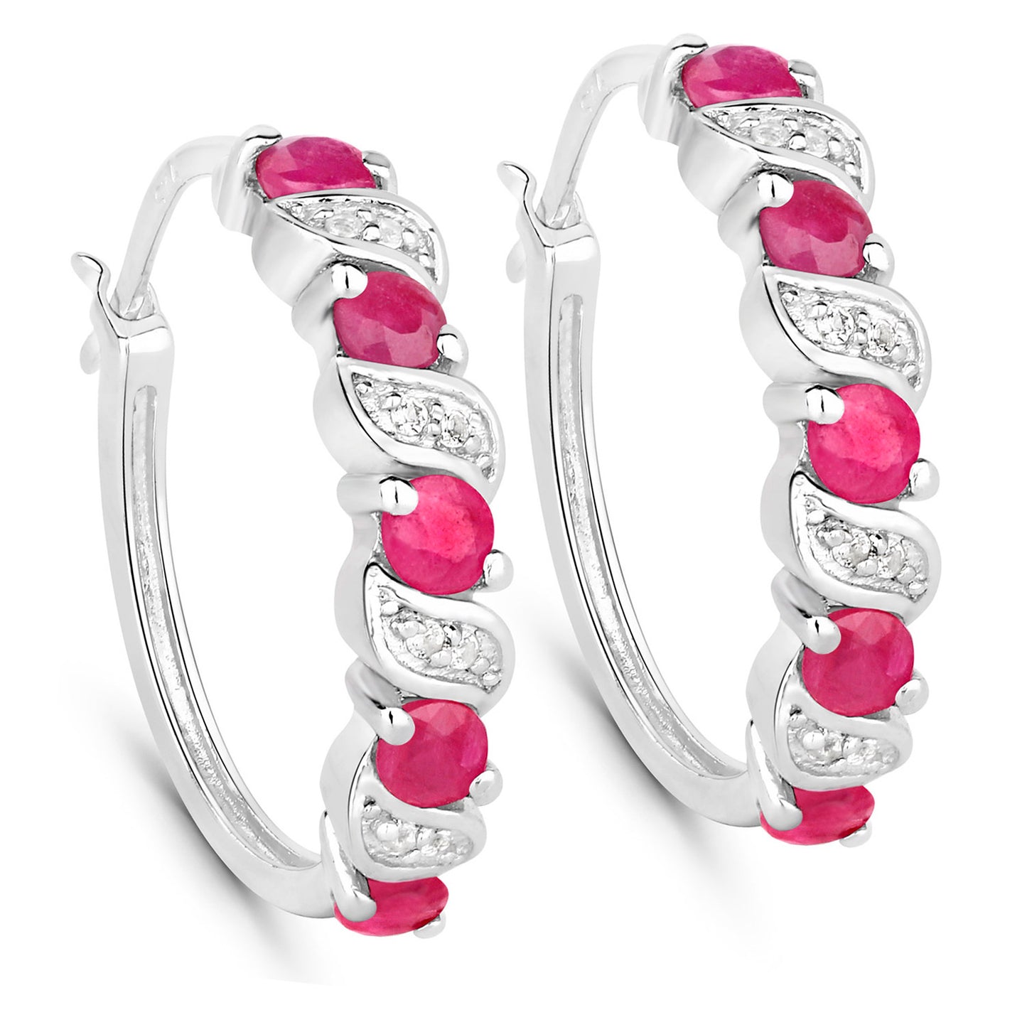 Ruby Hoop Earrings With White Topaz 1.36 Carats Sterling Silver