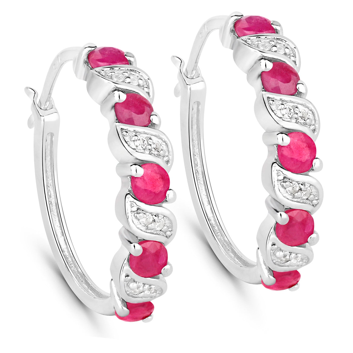 Ruby Hoop Earrings With White Topaz 1.36 Carats Sterling Silver