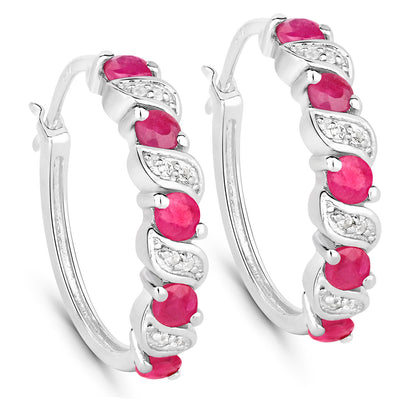Ruby Hoop Earrings With White Topaz 1.36 Carats Sterling Silver