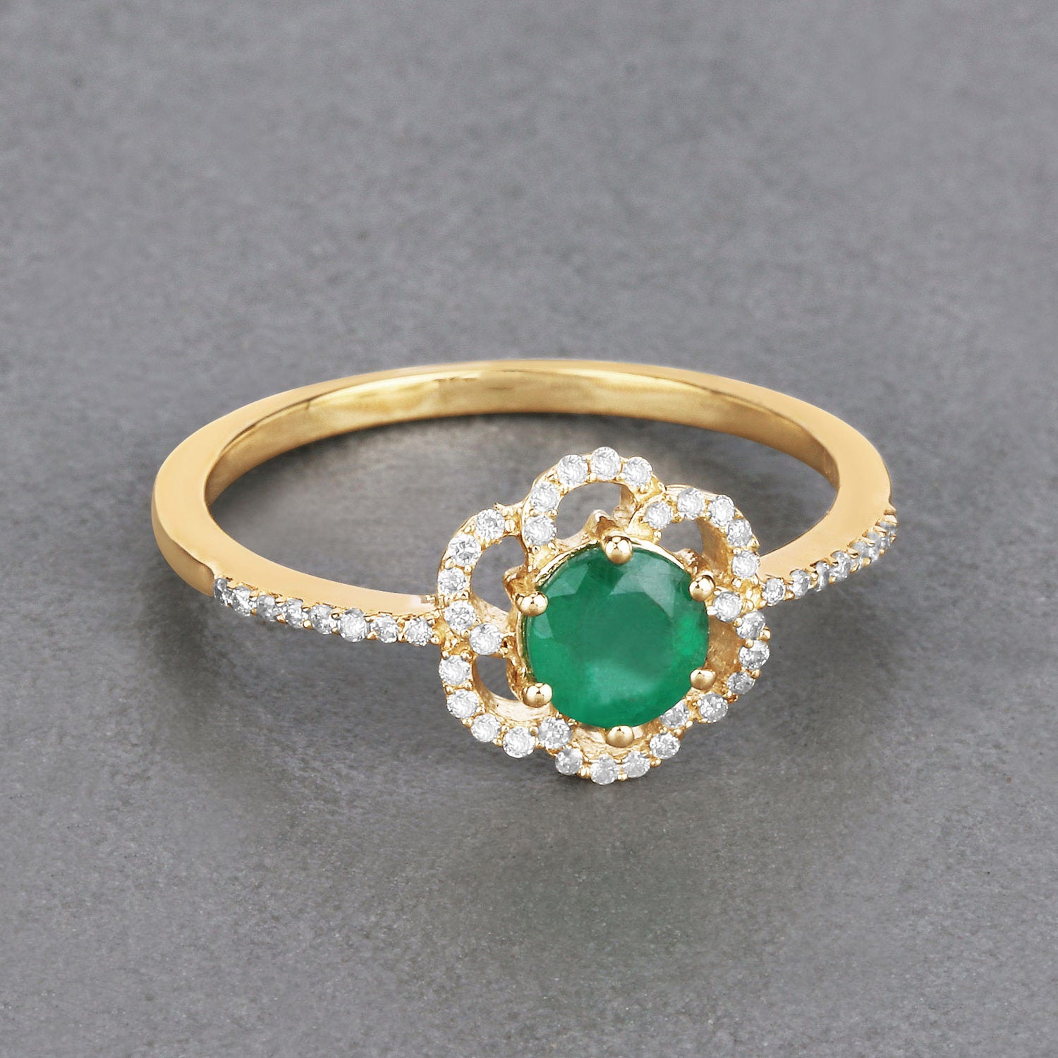Zambian Emerald Ring With Diamonds 0.52 Carats 14K Yellow Gold