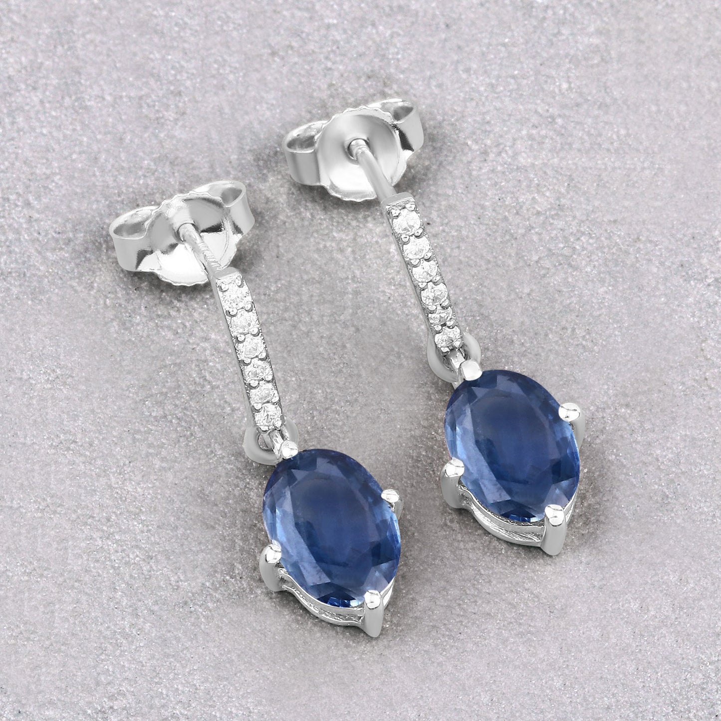 Natural Sapphire Dangle Earrings With Diamonds 1.92 Carats 10K White Gold