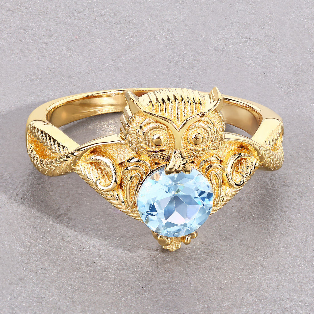 Blue Topaz Owl Ring 1.04 Carats Gold Plated Silver