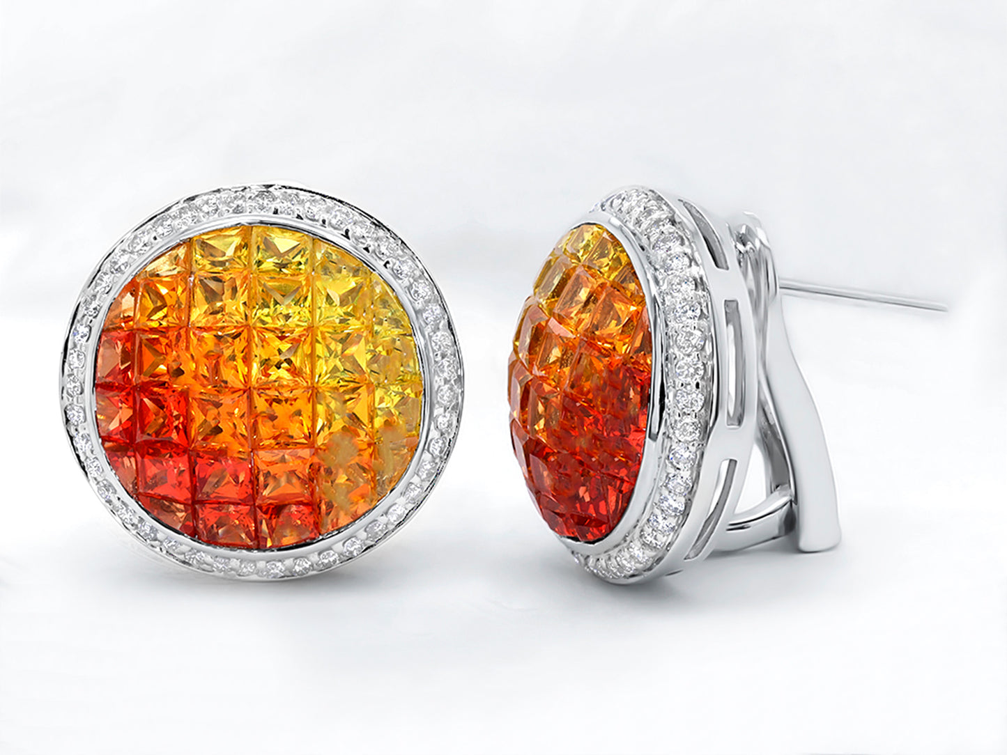 Yellow Orange Sapphire Stud Earrings Diamond Halo 7.7 Carats 14K White Gold