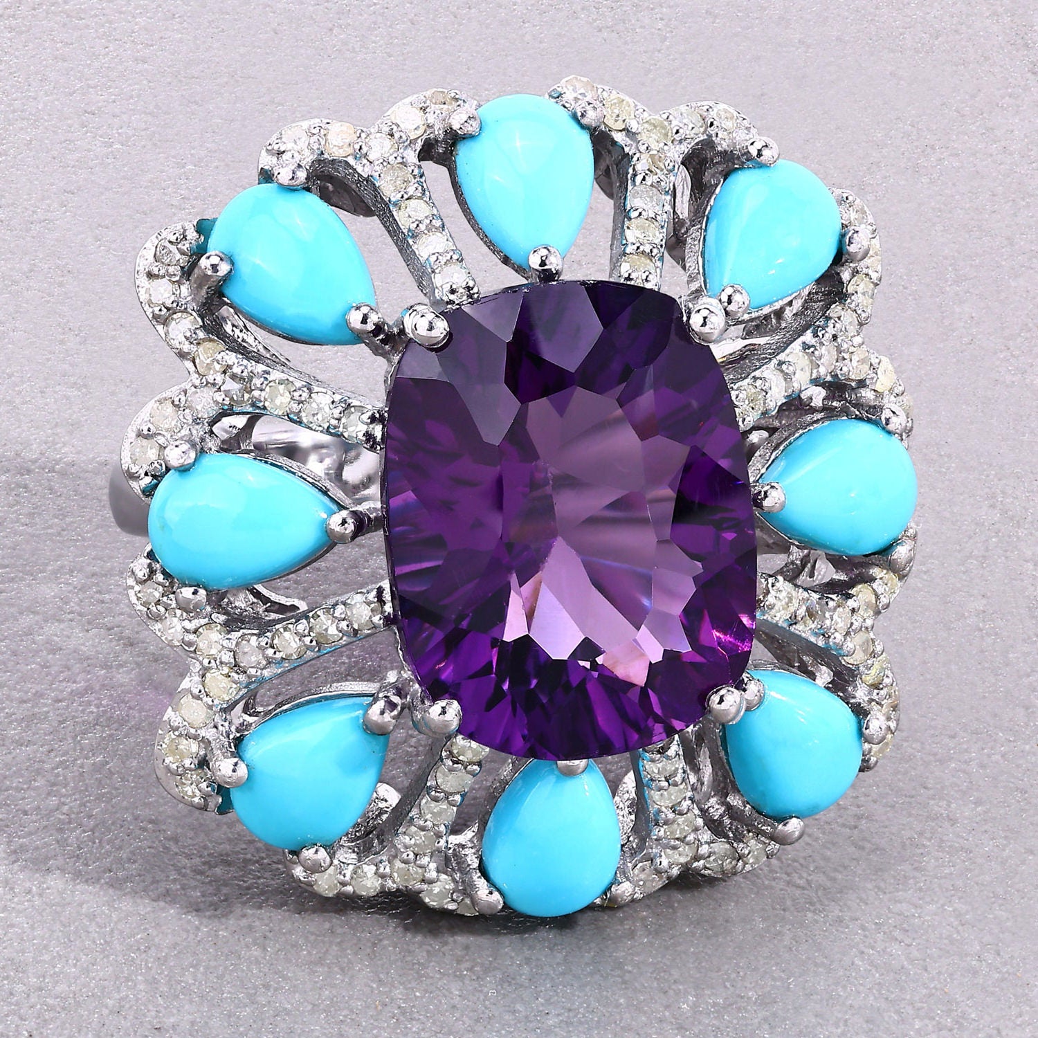 Amethyst Ring With Turquoise 10.6 Carats Sterling Silver