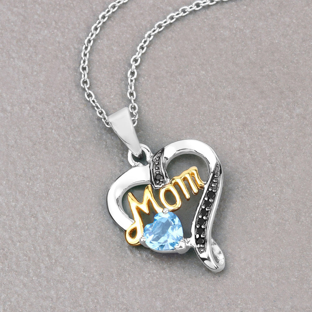 Swiss Blue Topaz Mom Pendant With Black Spinel 0.54 Carats Gold Plated Silver