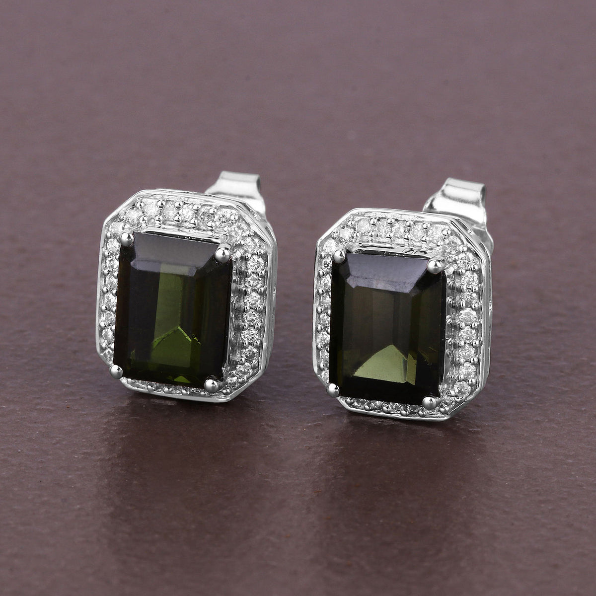 Green Tourmaline Stud Earrings With Diamonds 3.54 Carats 14K White Gold