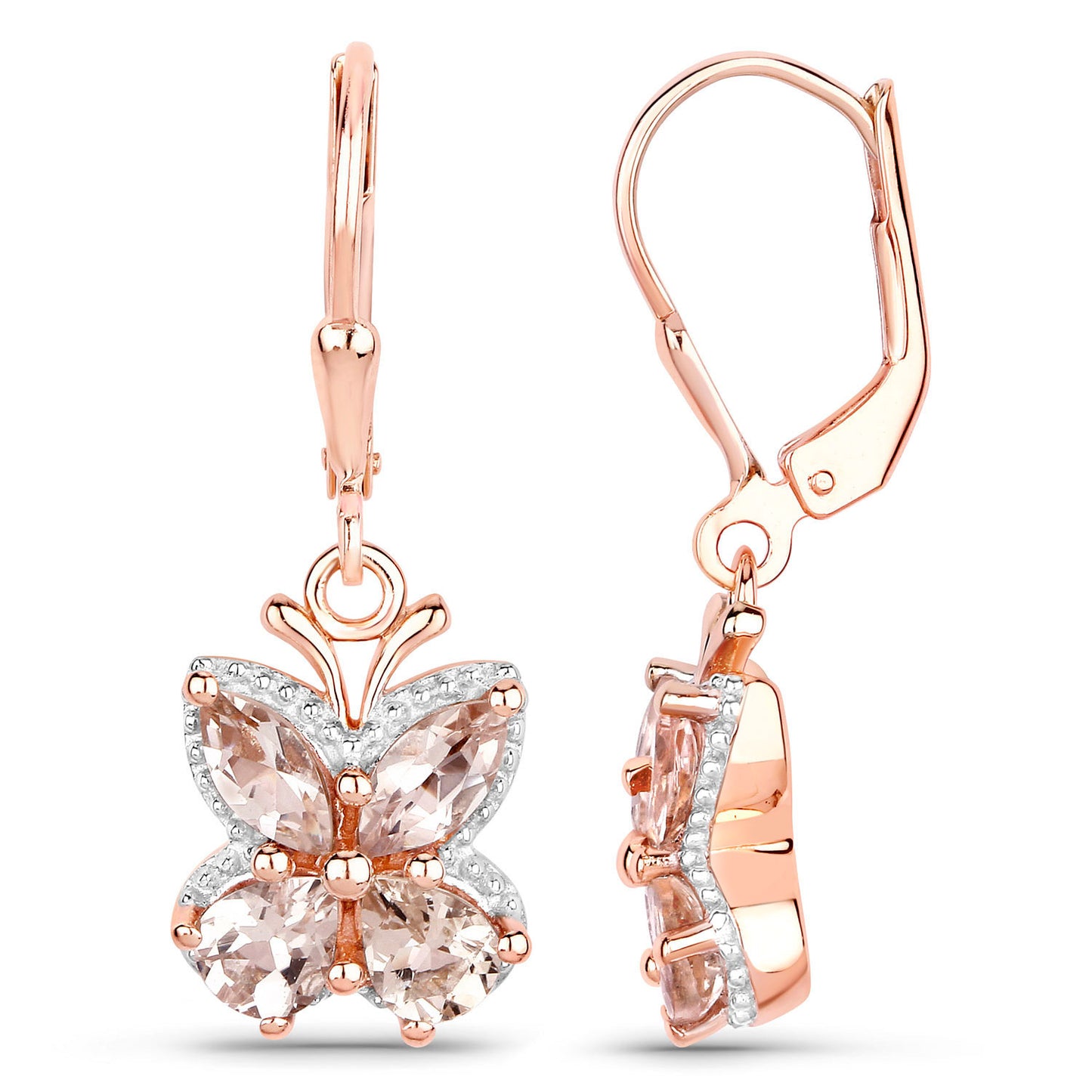 Morganite Dangle Earrings 1.86 Carats 18K Rose Gold Plated Silver