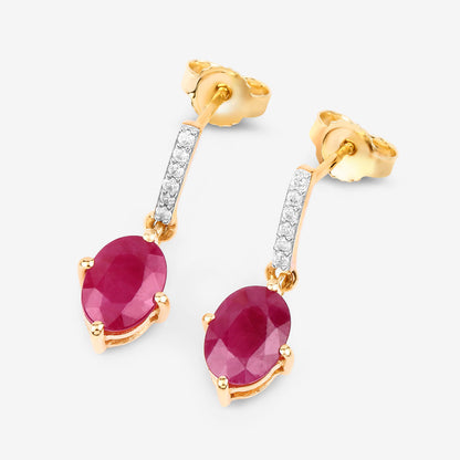 Ruby Dangle Earrings Diamonds 1.74 Carats 10K Yellow Gold