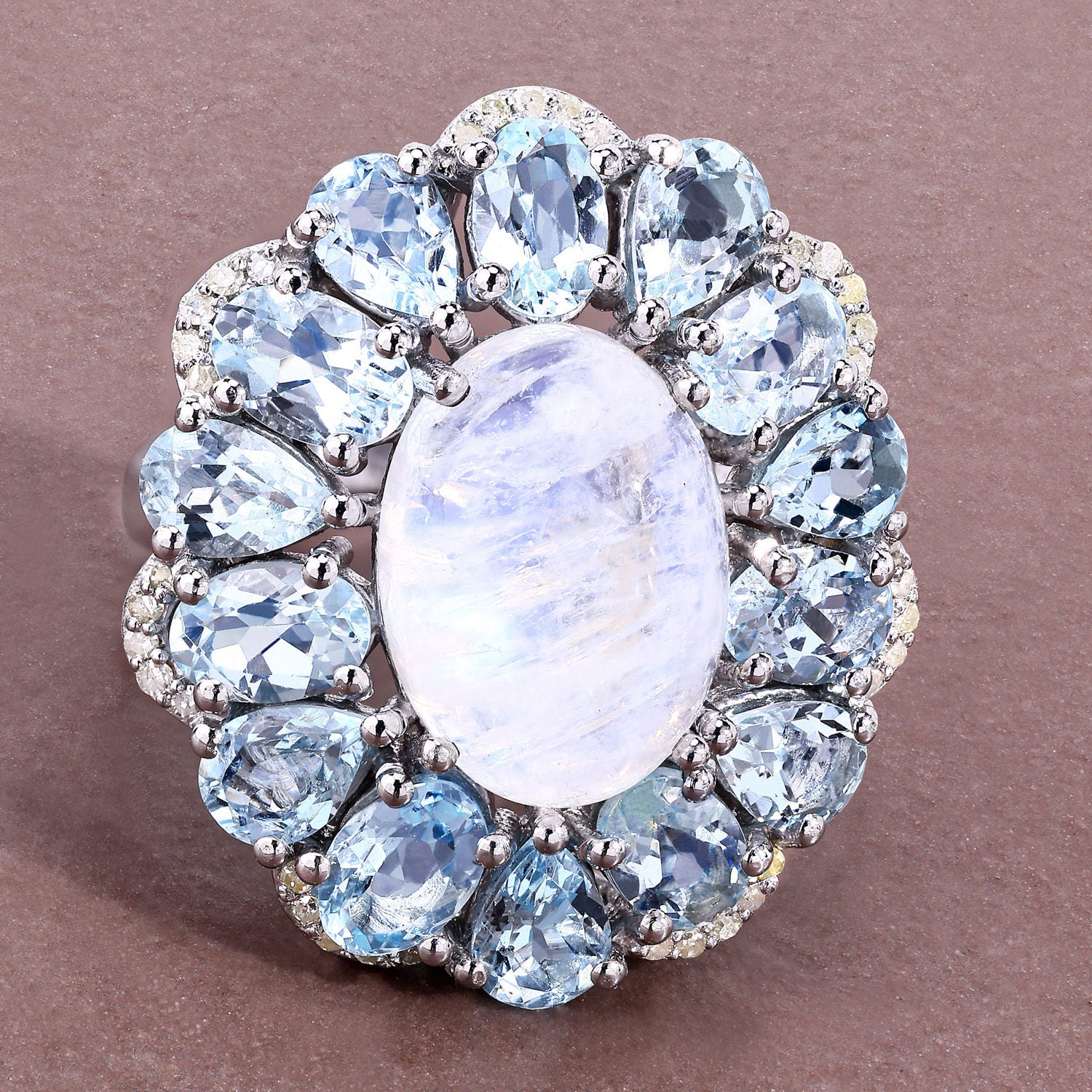 Moonstone Ring With Aquamarine 12.4 Carats Sterling Silver