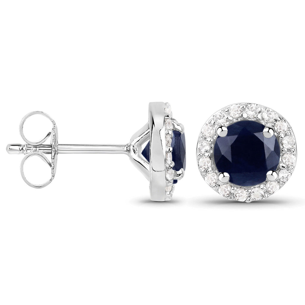 Blue Sapphire Stud Earrings With White Topaz 1.42 Carats Sterling Silver