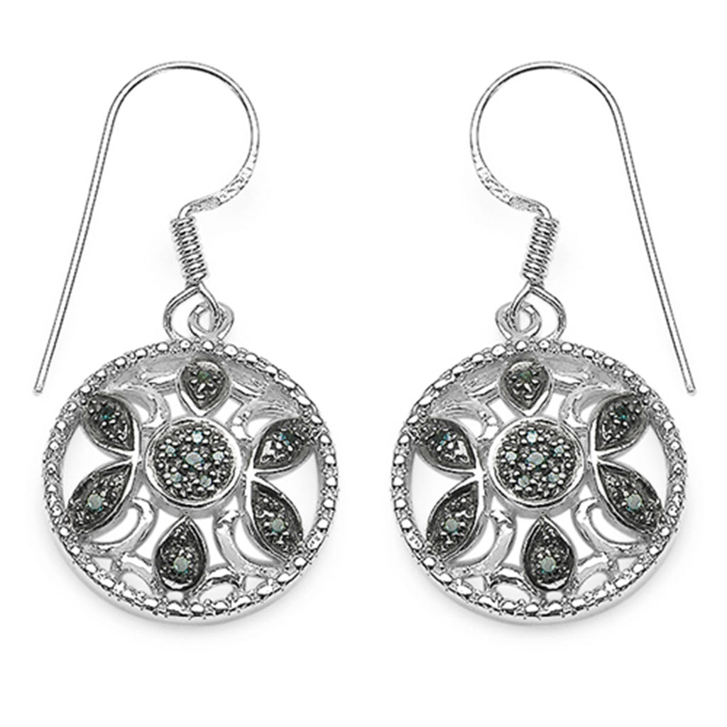 Blue Diamond Flower Earrings 0.12 Carats Sterling Silver