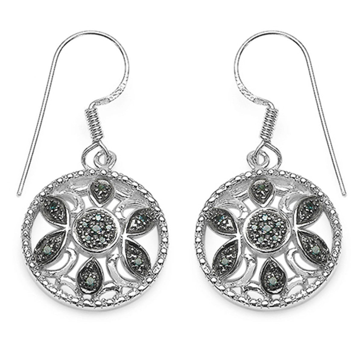 Blue Diamond Flower Earrings 0.12 Carats Sterling Silver