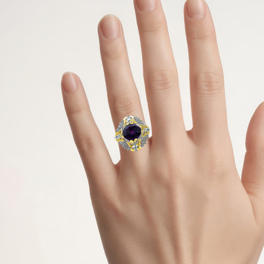 Amethyst Butterfly Ring With Blue Topaz and Diamonds 3.85 Carats Sterling Silver