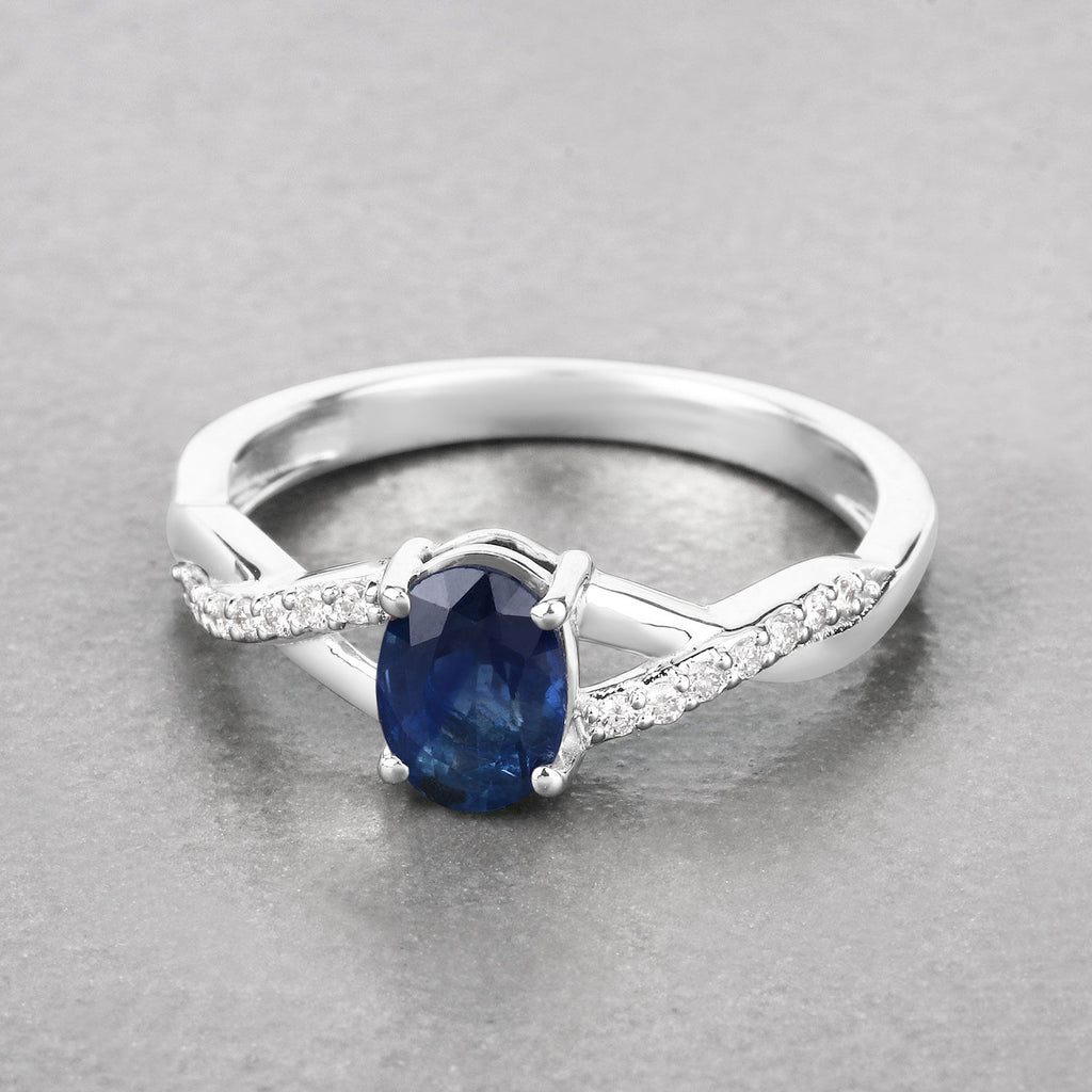 Blue Sapphire Ring With Diamonds 1.02 Carats 14K White Gold