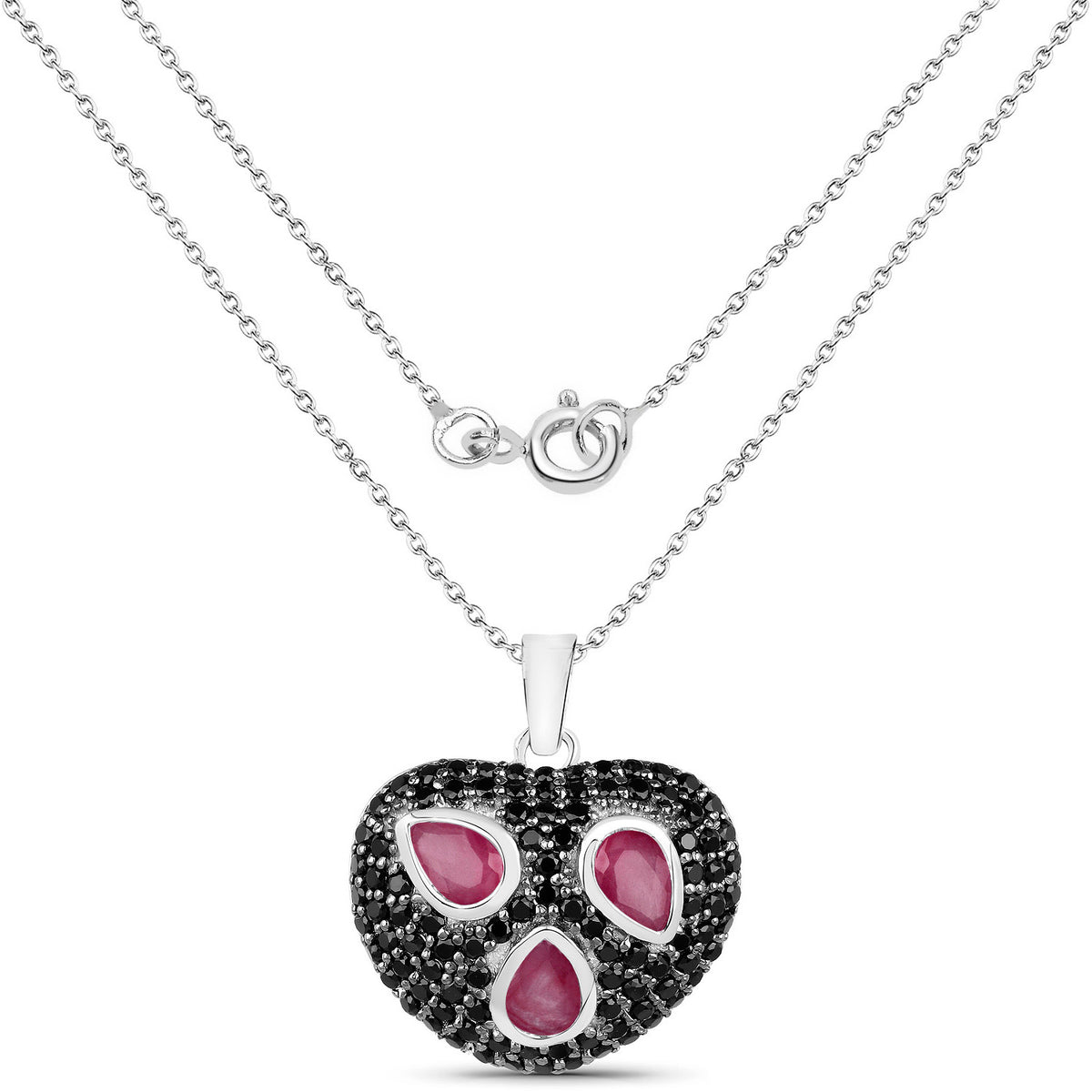 Ruby Heart Pendant With Black Spinel 3.24 Carats Sterling Silver