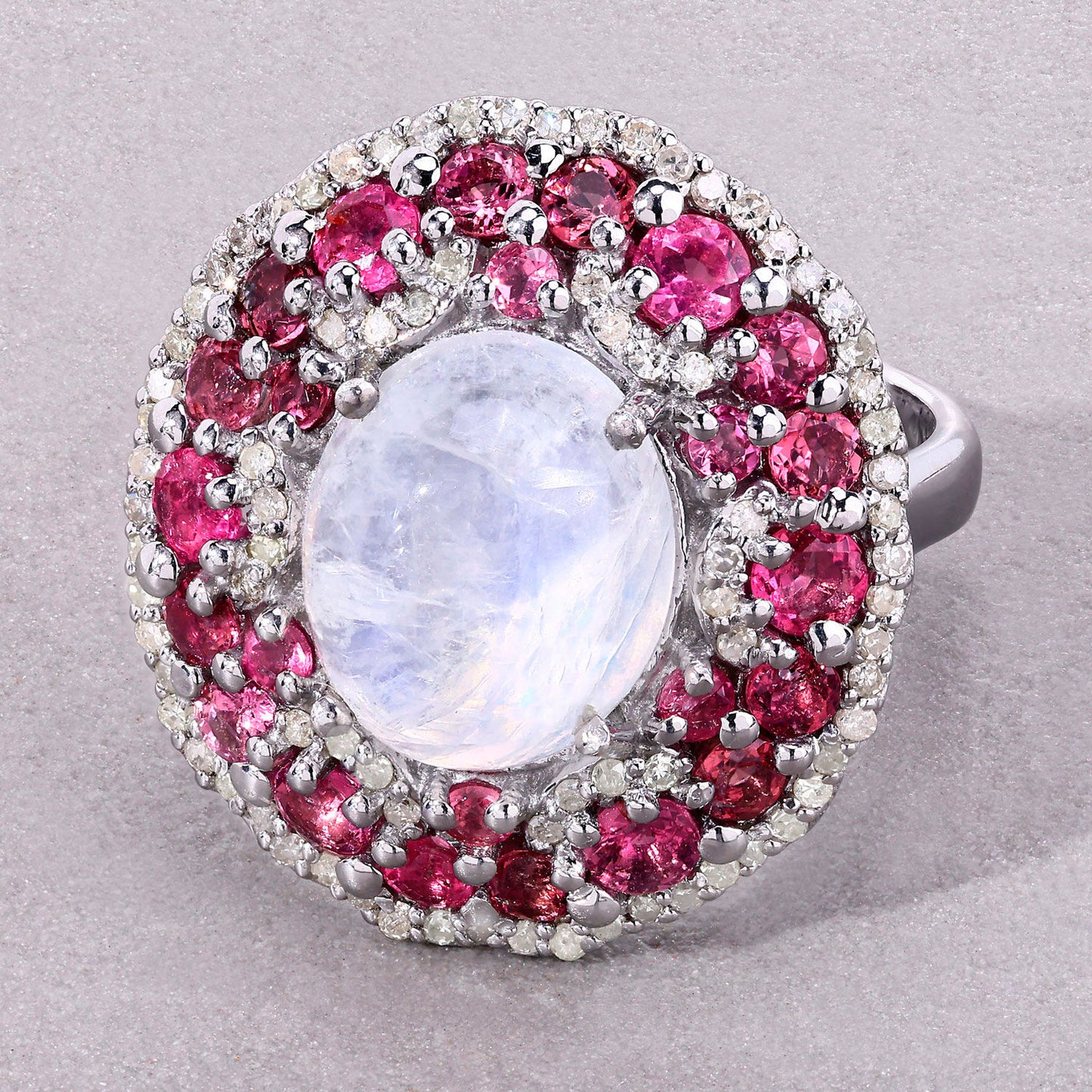 Moonstone Ring With Pink Tourmaline 7.72 Carats Sterling Silver